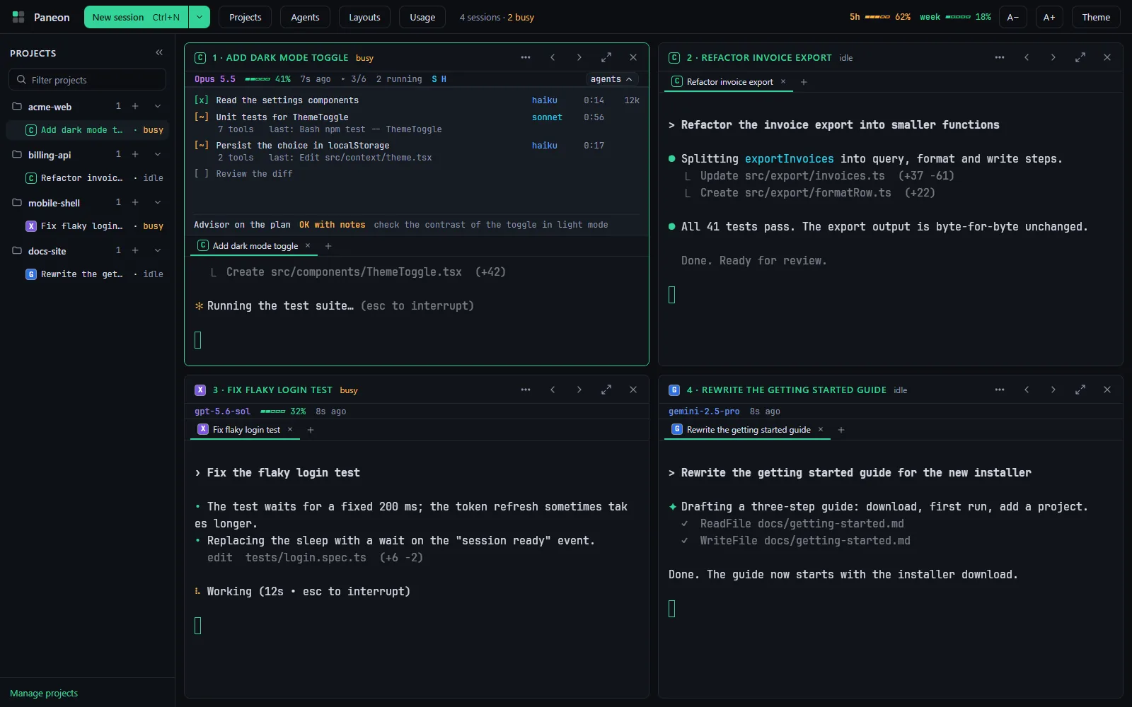 A pane with the sub-agents drawer open next to its terminal