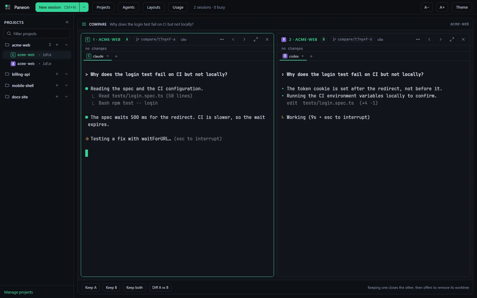 Two agents answering the same prompt side by side, each in its own worktree, with Keep A, Keep B and Diff buttons