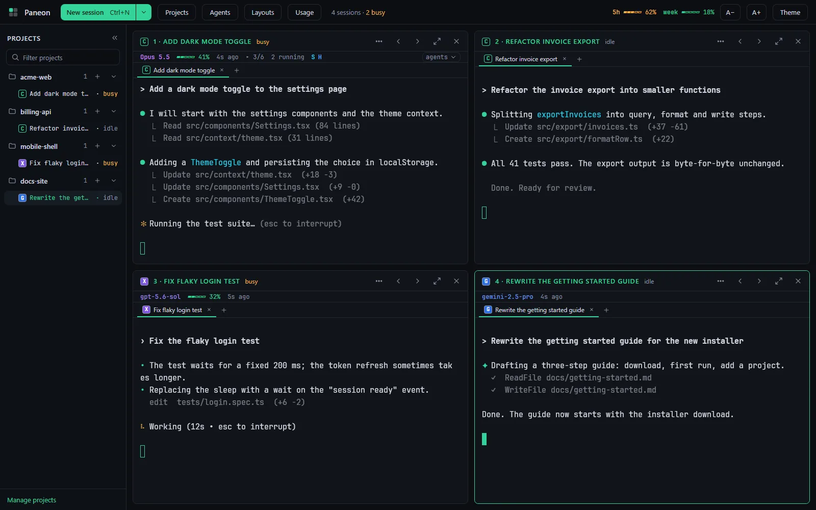 Paneon showing four sessions in a 2 by 2 grid: Claude Code, Codex CLI and Gemini CLI on four sample projects
