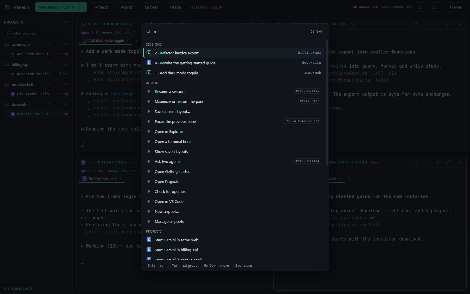 The command palette filtered by a short query, listing sessions, actions and projects