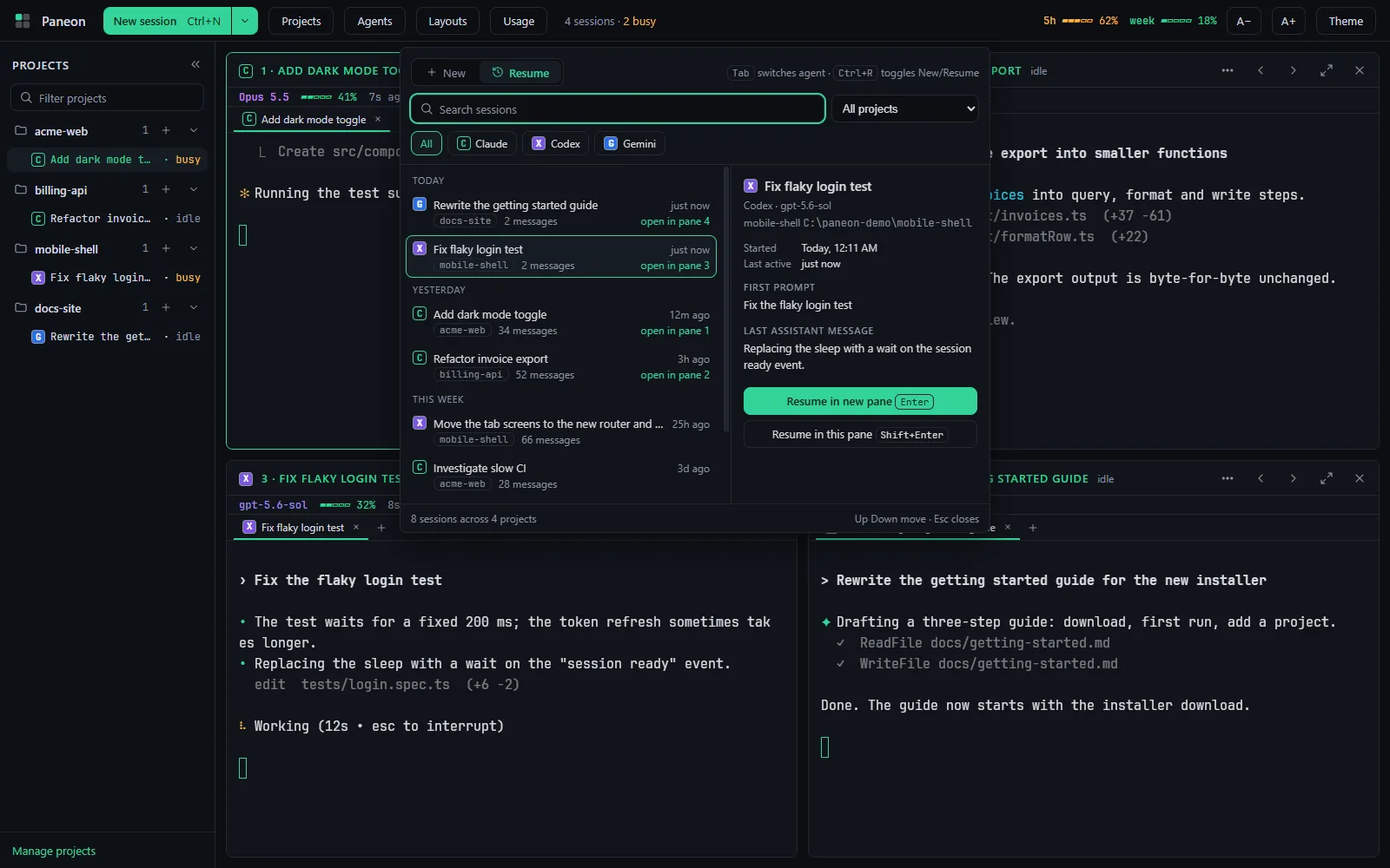 The resume picker listing earlier sessions of all three agents with a preview of the selected one